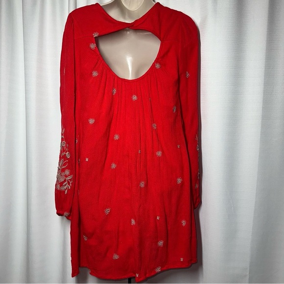 Free People Sweet Tennessee Red Floral Embroidered Mini Tunic Dress S Boho Beach - Picture 9 of 14
